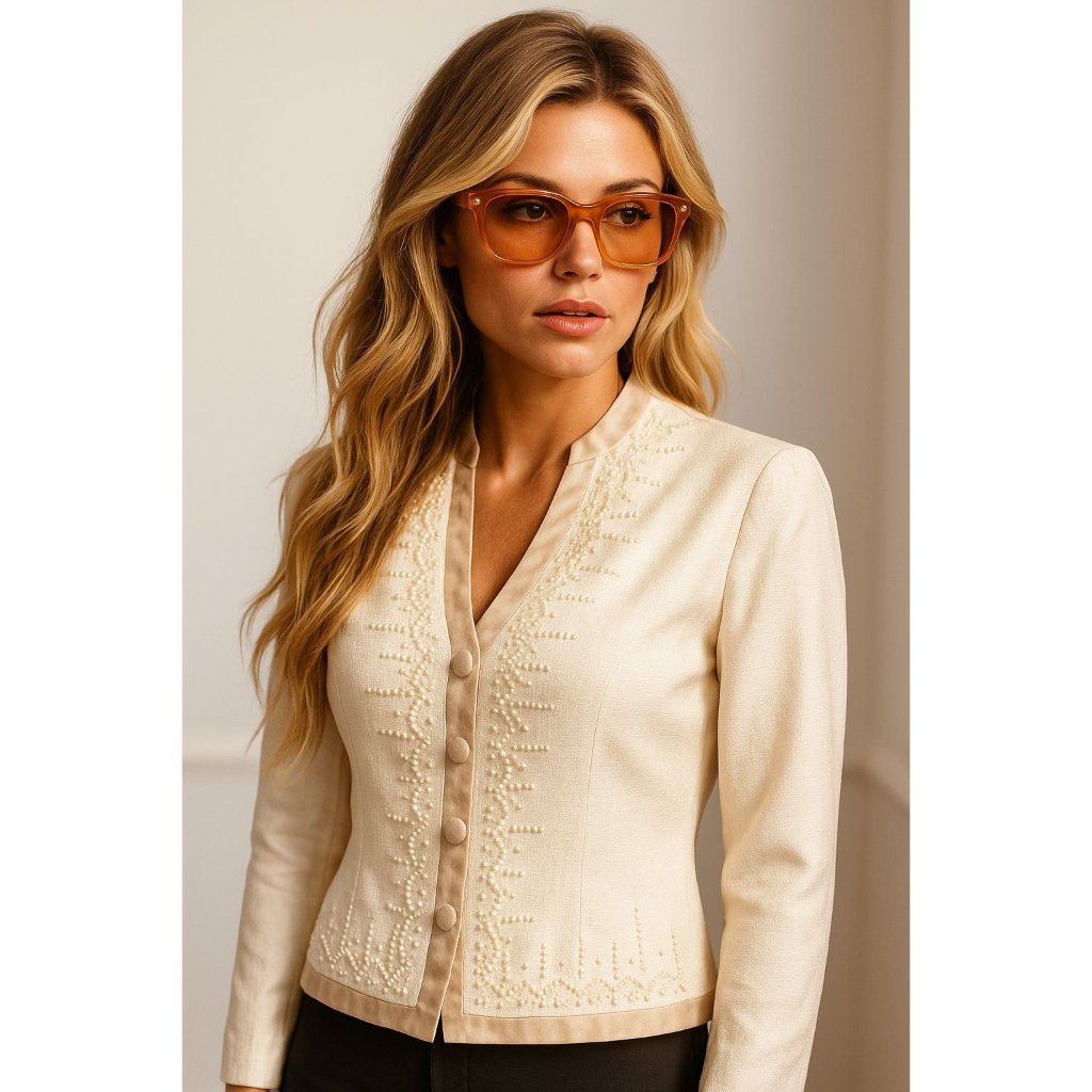 Papell Petites 4p Ivory Silk Beaded Jacket Textured Vintage Cocktail City Chic